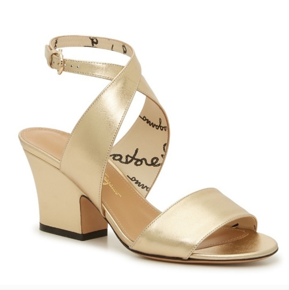 Salvatore Ferragamo-Sheena Gold Suede Leather Block Heel Sandal